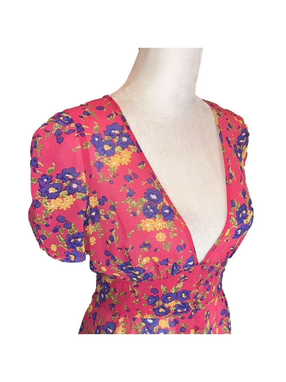 FOREVER 21 Adorable Pink Floral Print Button Up Sheer Blouse w/ Tie Back Size S - Picture 4 of 8